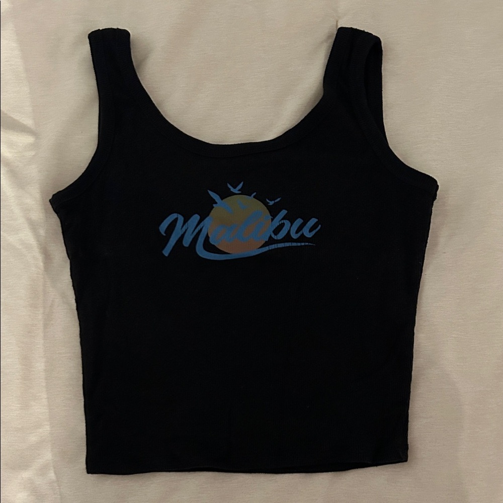Malibu Black Tank Top with Blue Graphic